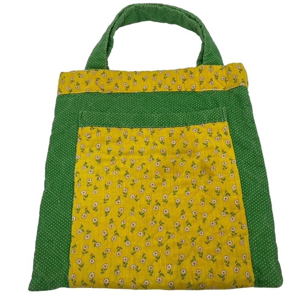 Vintage 70’s Large Handmade Cotton Yellow & Green Floral Quilted Tote Laptop Bag